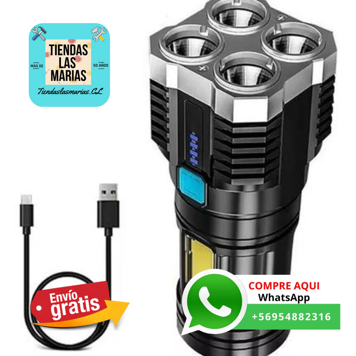 Linterna LED Recargable Alto Alcance 4 LEDS ¡Ilumina tu camino! (OB)