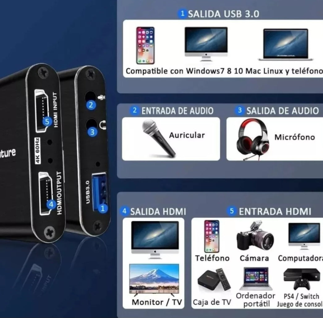 Capturadora De Video Audio Mic Usb 3.0 A 4k Ultra Hd