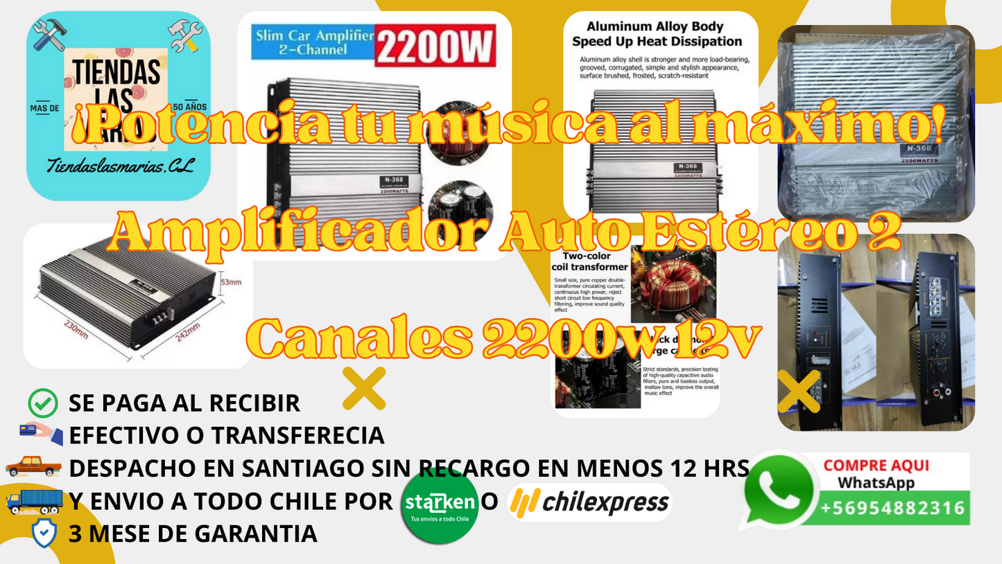 ¡Potencia tu música al máximo!  Amplificador Auto Estéreo 2 Canales 2200w 12v (OF)